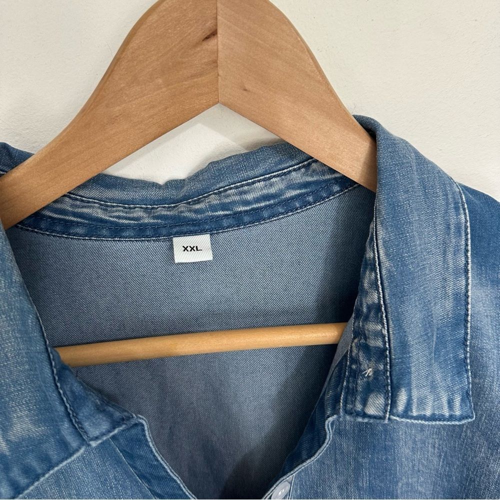 Denim Stretchy Distressed Puff Sleeve Tunic Length Blouse size 2X - Picture 4 of 5